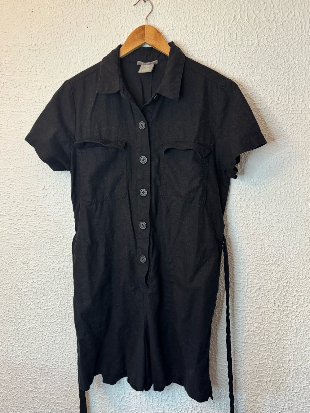 Matty M Black Women's Linen Blend button front tie waist Romper